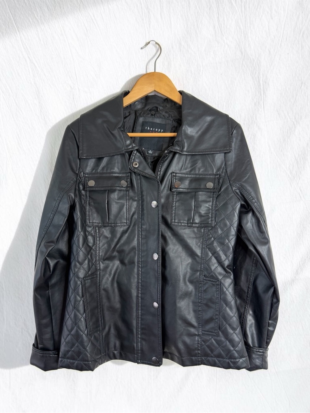 Therapy Faux Leather Utility Jacket Black Quilted Moto Biker Small